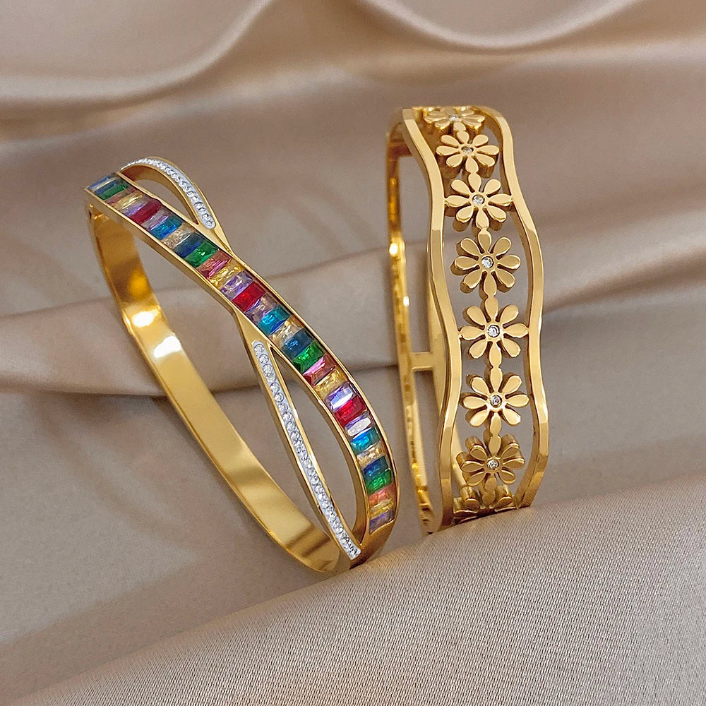 Delicate Colorful Zircon Flower Wave Wide Bracelet for Women Trendy Gold Plated Stainless Steel Cuff Bangles Waterproof Jewelry