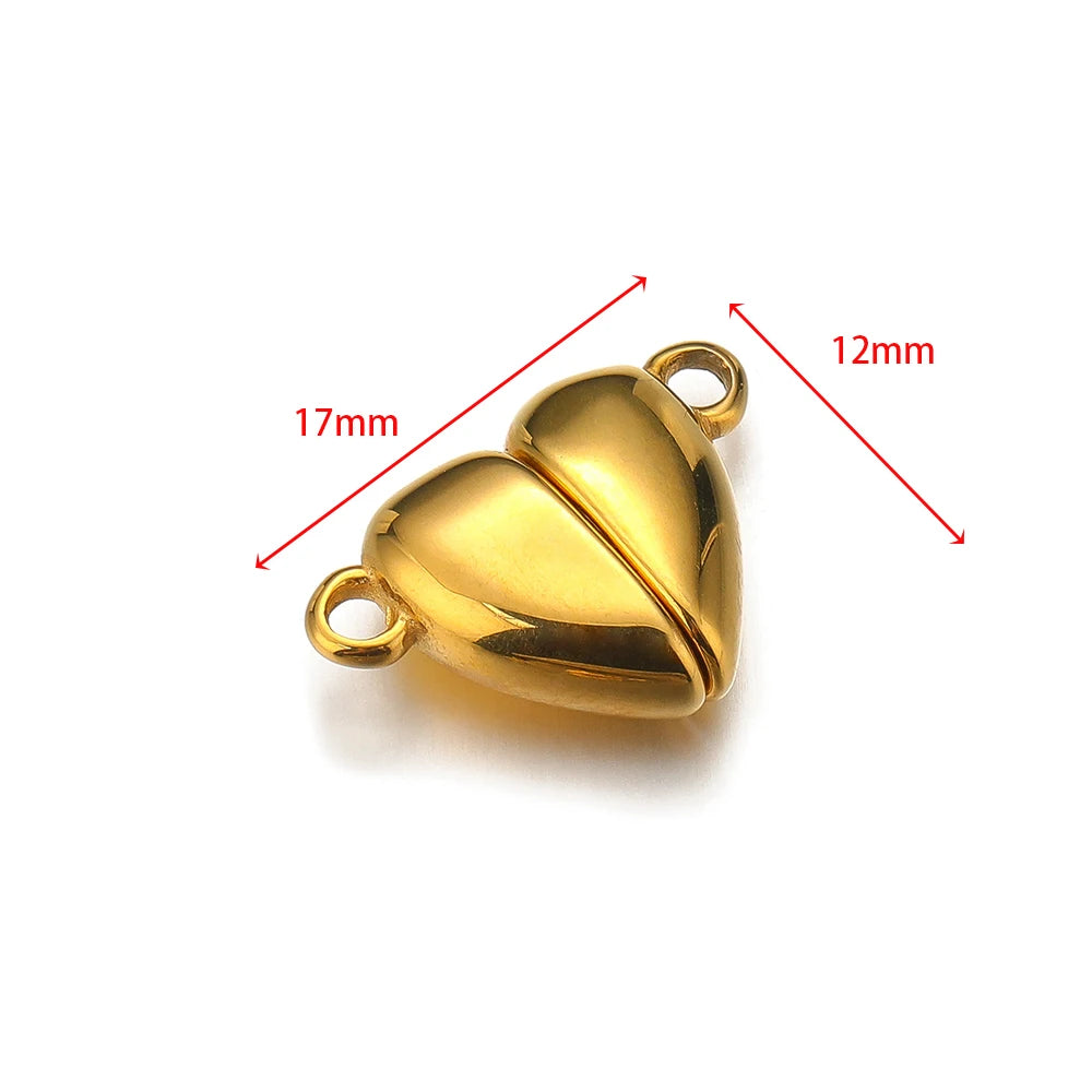 Gold heart magnet clasp connector with two small loop ends, 17mm x 12mm