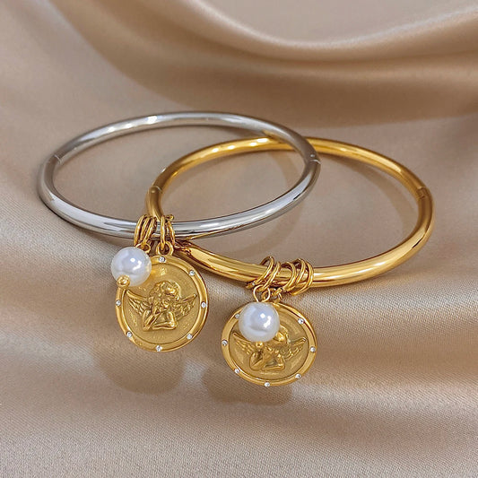 Glossy Gold Silver Color Stainless Steel Cuff Bangle for Women Fashion Pearl Angel Coin Charms Bracelets Waterproof Jewelry