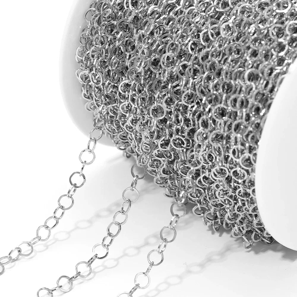 Silver stainless steel O-ring chain with small oval links, for DIY jewelry