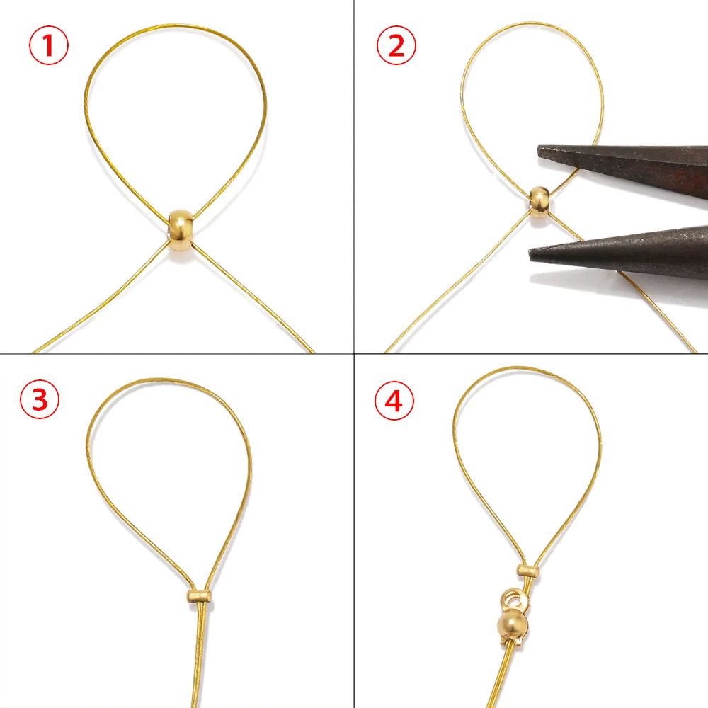 Gold spacer bead ball stoppers used with jewelry cord, step-by-step close view