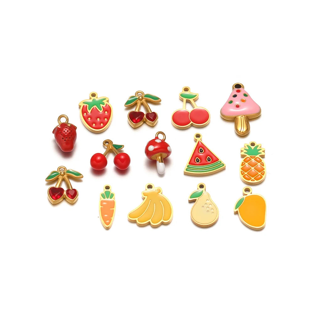 Assorted enamel fruit charm pendants with gold-tone loops, mixed shapes and colors set of 5