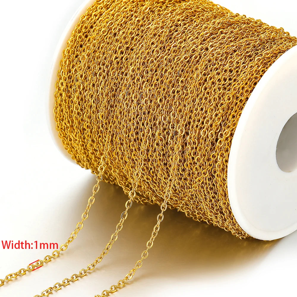 Gold-tone stainless steel chain, 1mm links for DIY jewelry making