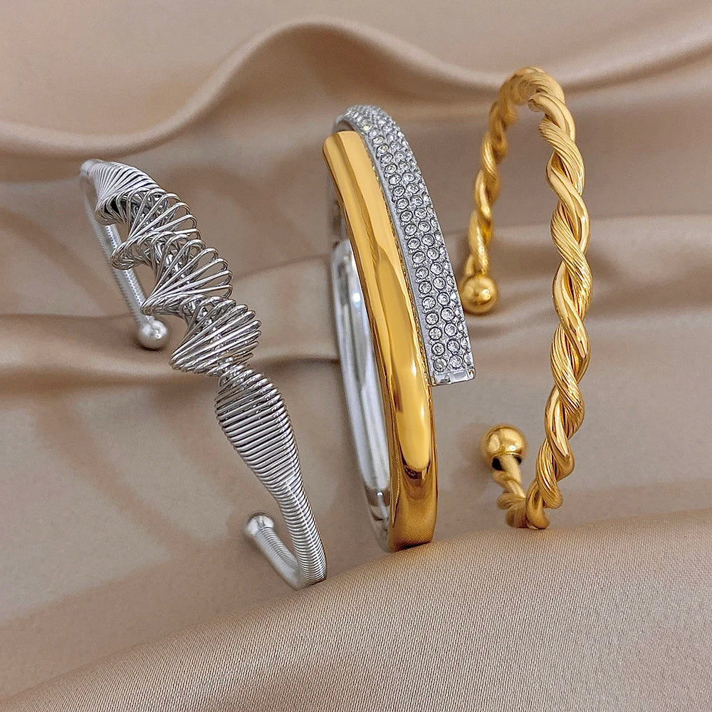 Trendy Gold Silver Color Stainless Steel Cuff Bangle for Women Unique Geometric Spiral Chunky Bracelets Waterproof Jewelry