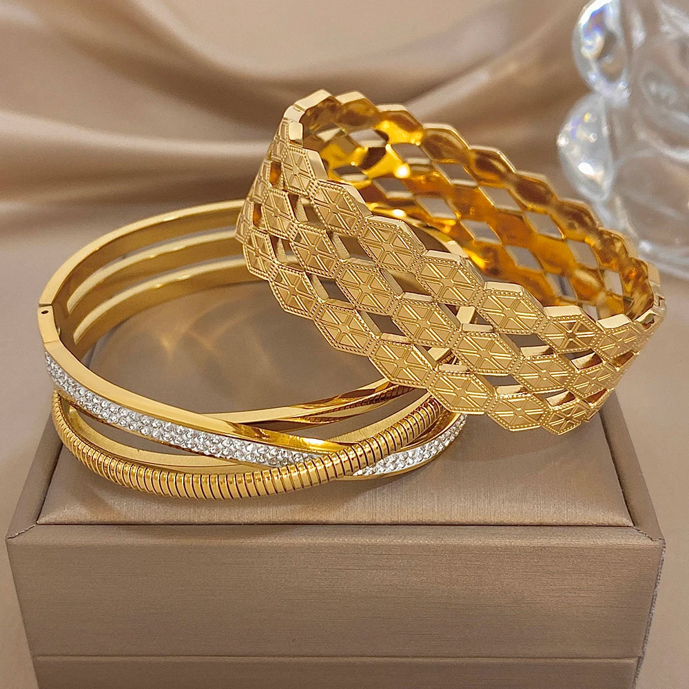 Chunky Gold Plated Stainless Steel Bangle Bracelets Exaggerated Hollow Geometric Textured Cuff Bangles Waterproof Jewelry Set