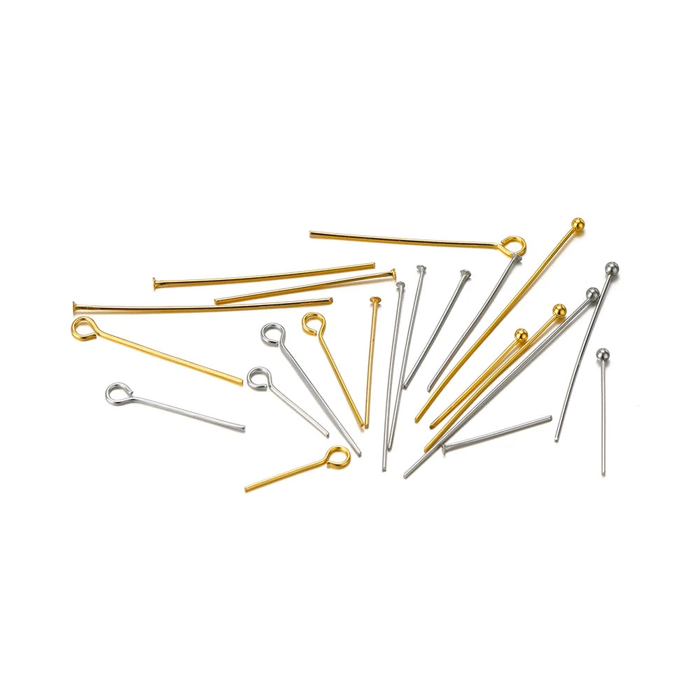 Assorted gold and silver T-eye pins with ball heads for DIY jewelry making
