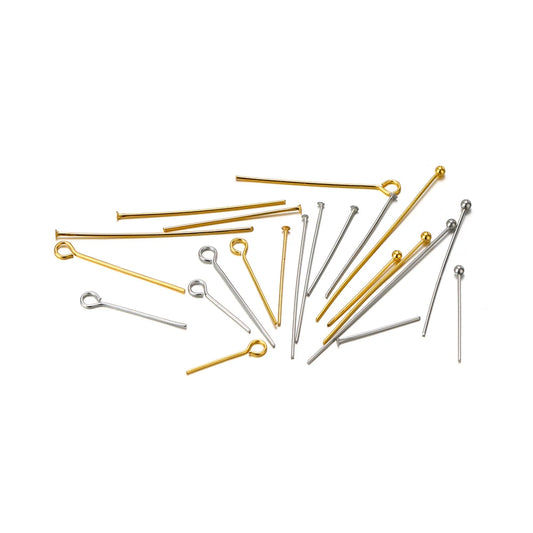 Assorted gold and silver T-eye pins with ball heads for DIY jewelry making
