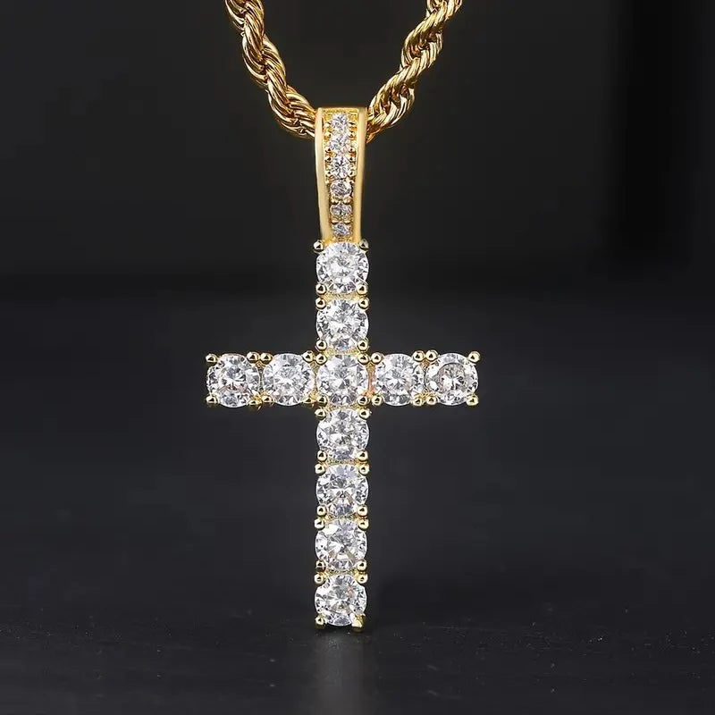 Gold-tone cubic zirconia cross pendant necklace with sparkling stone rows