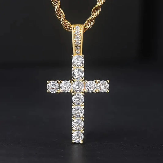 Gold-tone cubic zirconia cross pendant necklace with sparkling stone rows