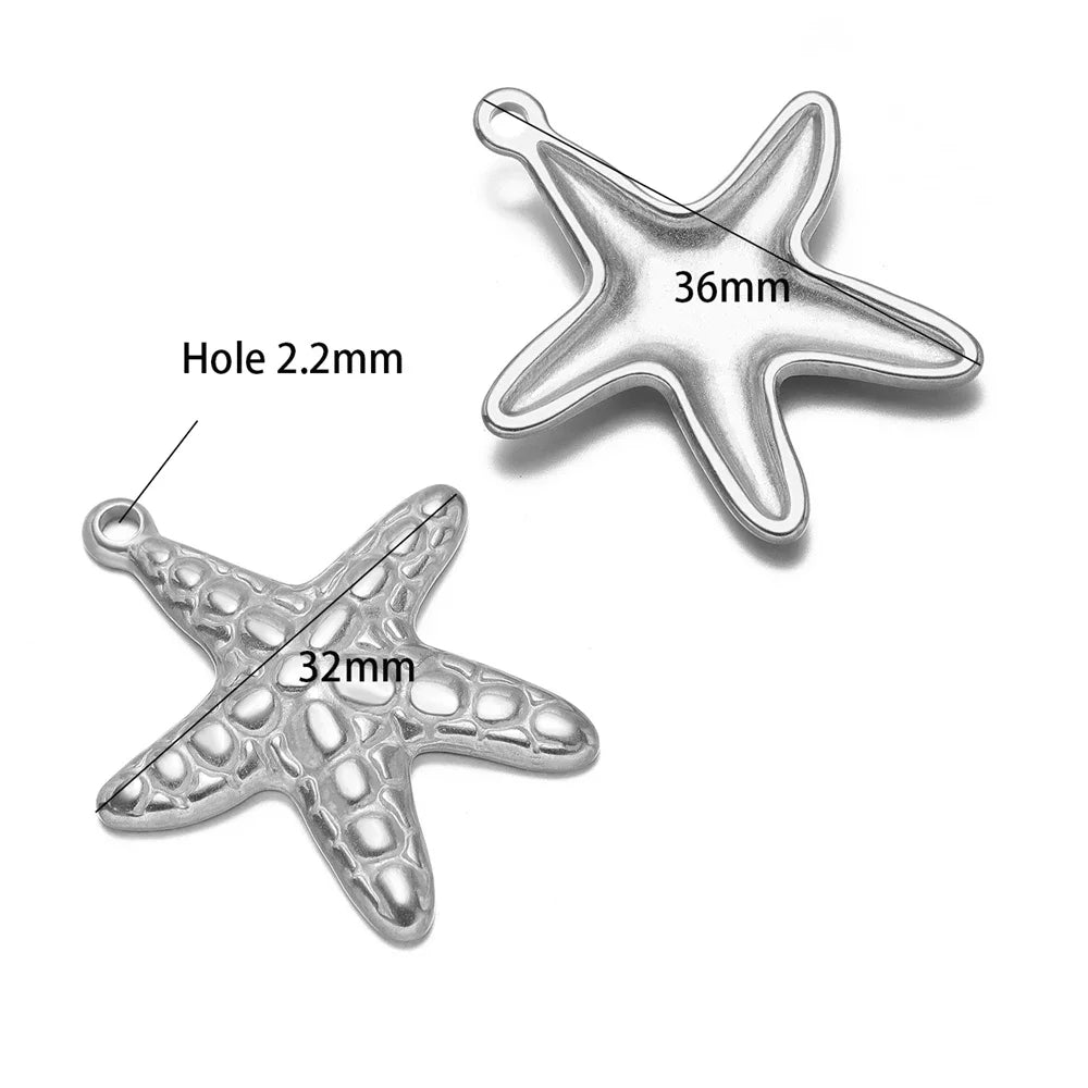 Silver starfish pendant charms with top loop; two large starfish shapes