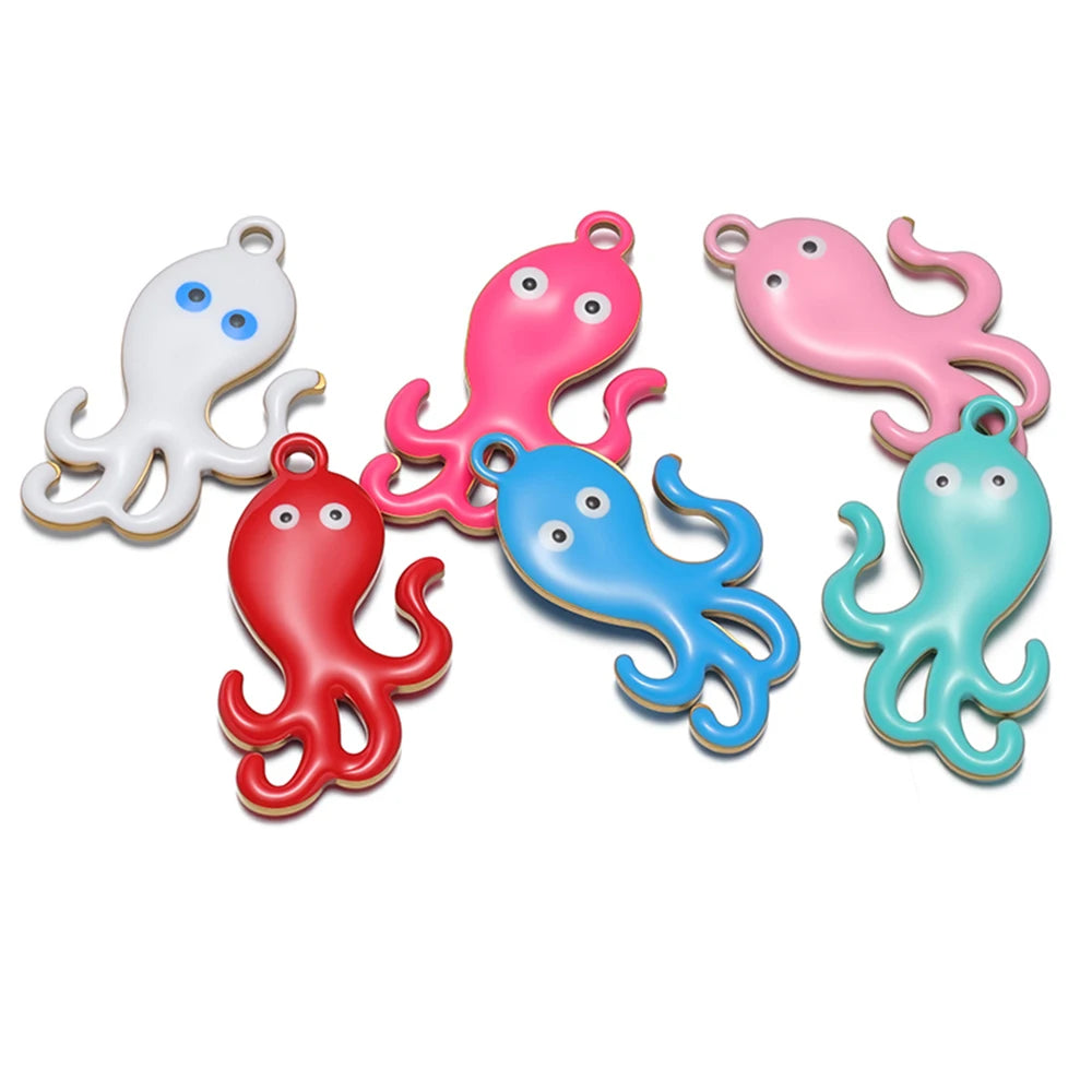 Set of 5 enamel octopus pendant charms in mixed colors, stainless steel loops
