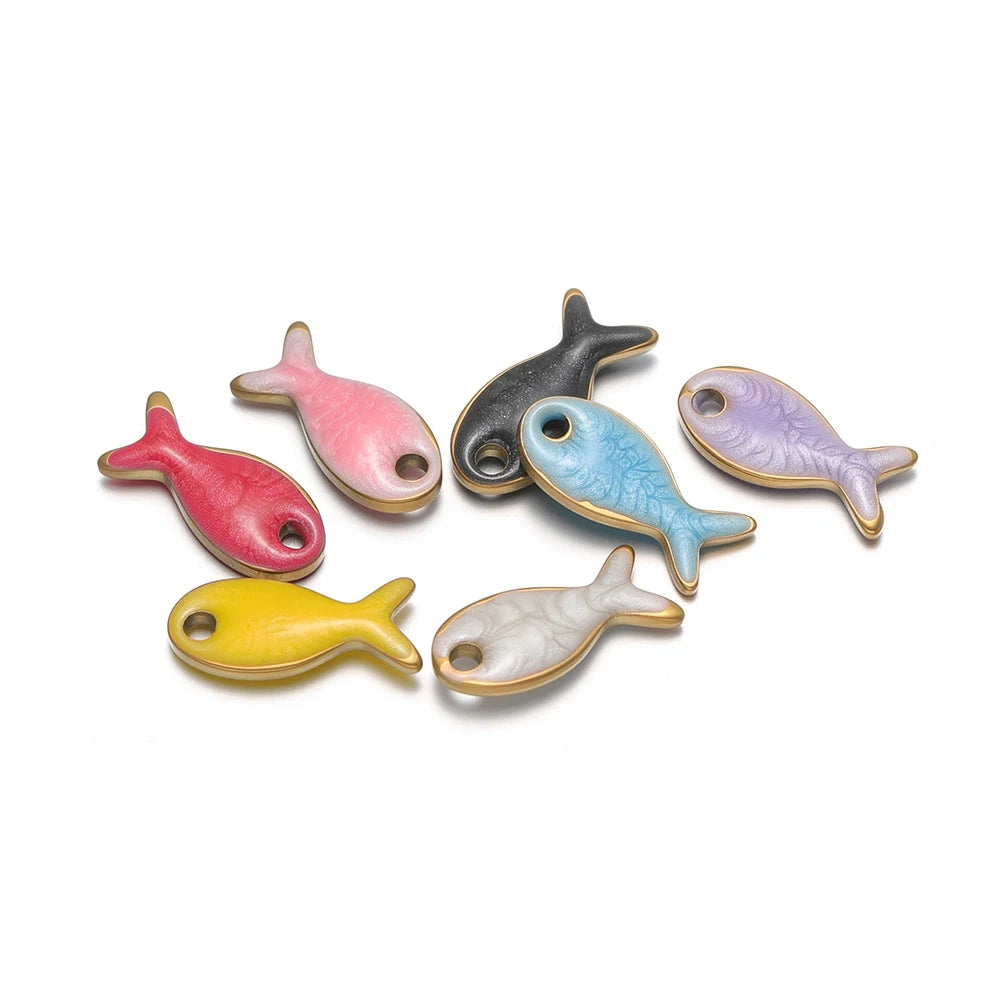 Set of colorful double-sided fish charms in pink, black, blue, purple, yellow, white