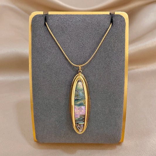 Gold oval abalone shell pendant necklace with thin snake chain, gold-tone setting