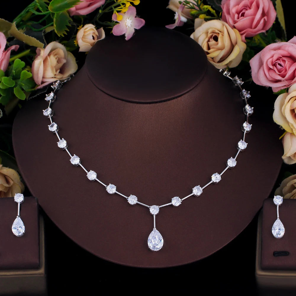 Cubic zirconia necklace and earrings set, silver-tone with teardrop pendant and round stones