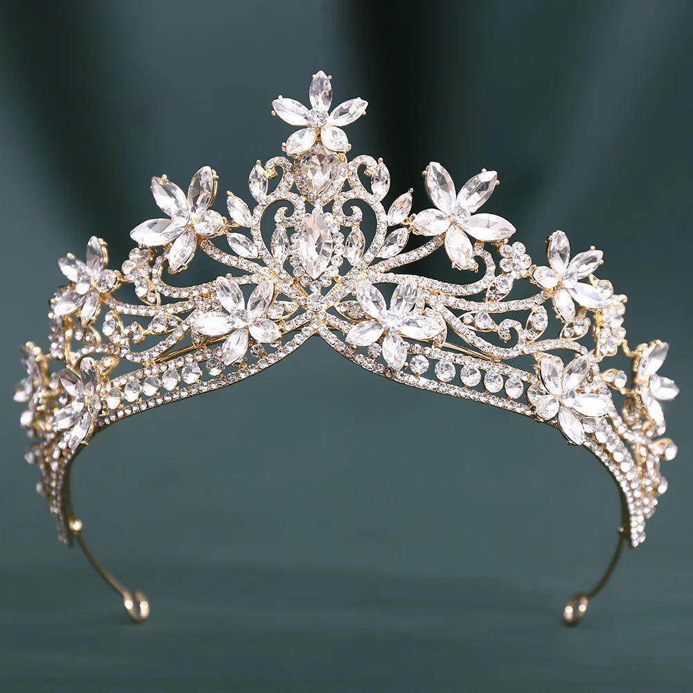 Baroque Crystal Flower Blue Opal Tiaras For Women Party Luxury Bride Diadem Rhinestone Crown Hair Accessories Jewelry