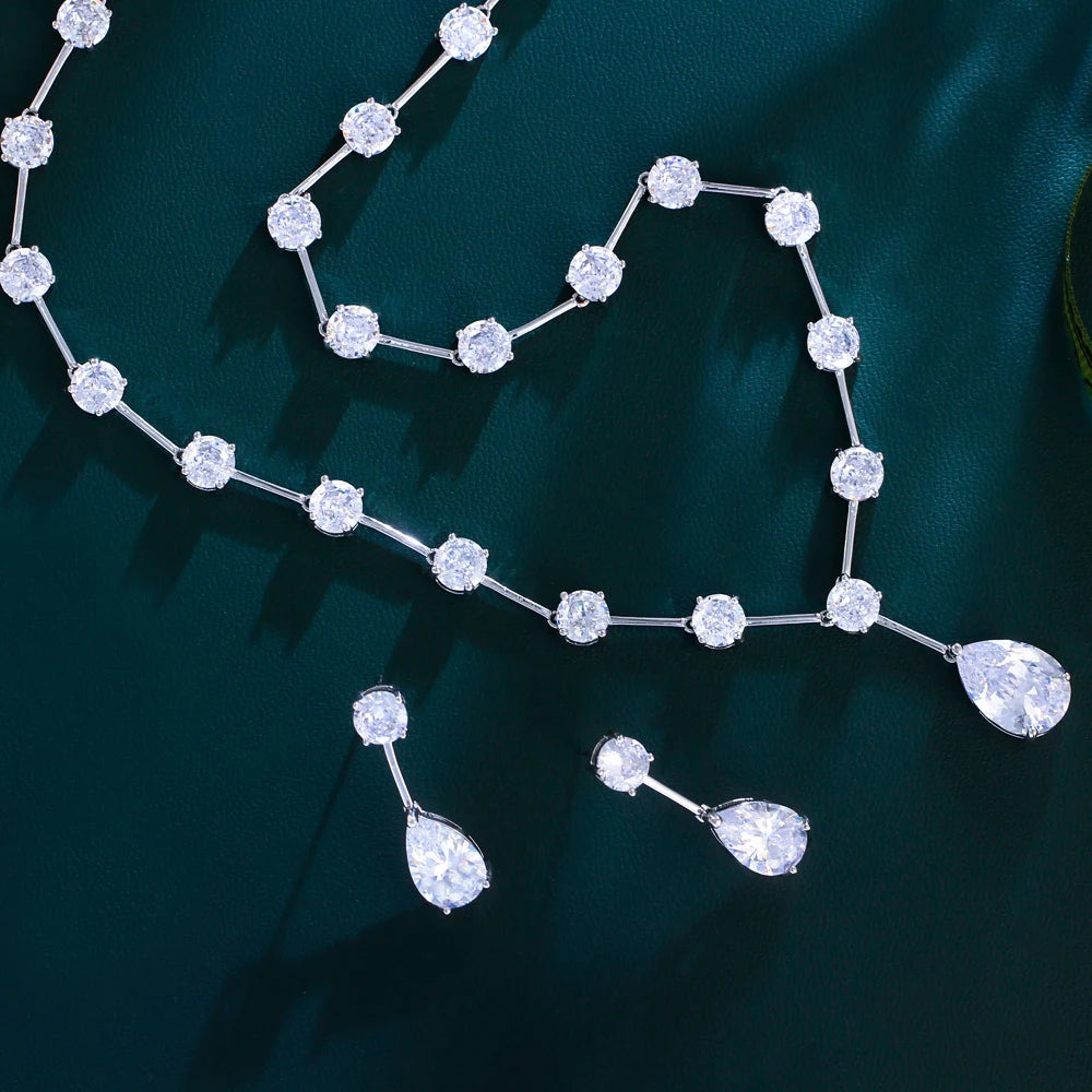Cubic zirconia necklace and earrings set, silver-tone prong-set teardrop and oval drops