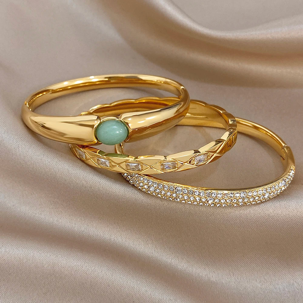 Vintage Gold Plated Stainless Steel Cuff Bangle for Women Men Glossy Geometric Zircon Wide Bracelets Waterproof Jewelry