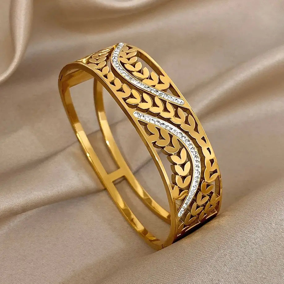 Exquisite Zirconia Wheat Wrist Bracelet for Women Trendy Gold Plated Stainless Steel Cuff Bangle Bracelets Waterproof Jewelry