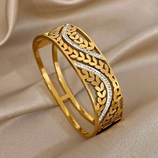 Exquisite Zirconia Wheat Wrist Bracelet for Women Trendy Gold Plated Stainless Steel Cuff Bangle Bracelets Waterproof Jewelry