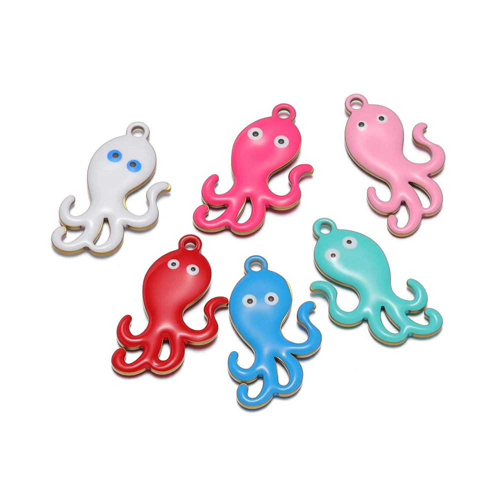 Set of 5 enamel octopus pendant charms, mixed white, pink, red, blue, teal colors