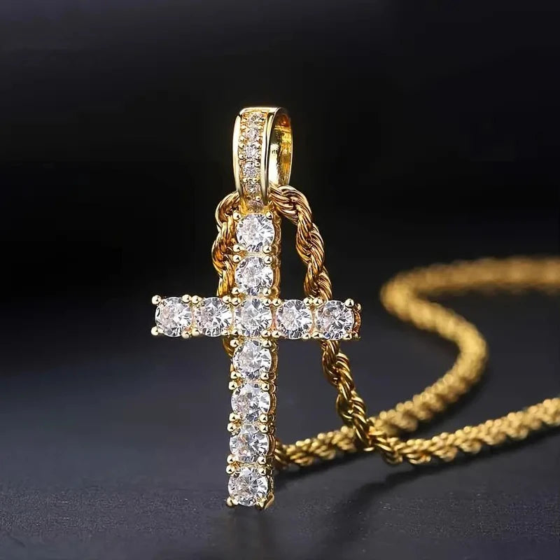 Gold-tone cubic zirconia cross pendant necklace with hinged bail and stone rows