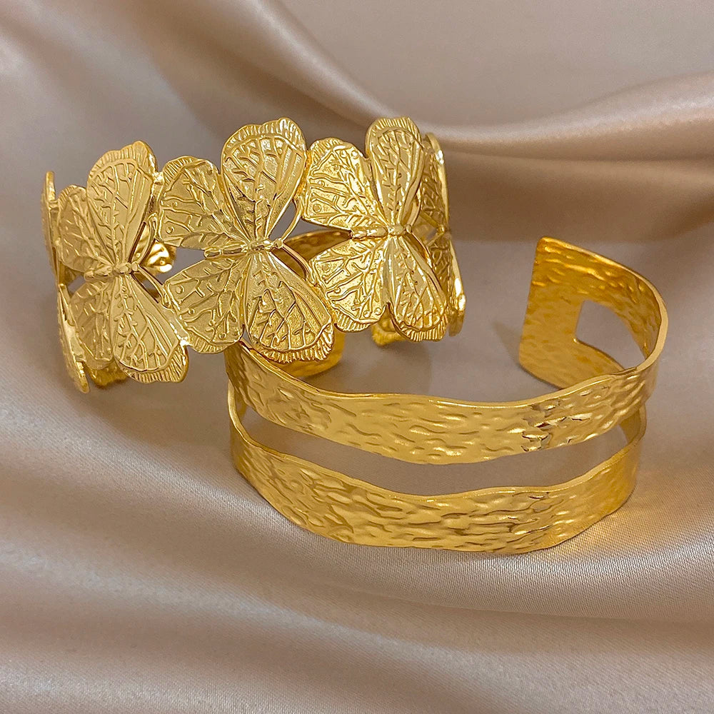Irregular Hammered Geometric Butterfly Stainless Steel Cuff Bangle Exaggerated Gold Plated Wide Bracelets Waterproof Jewelry Set