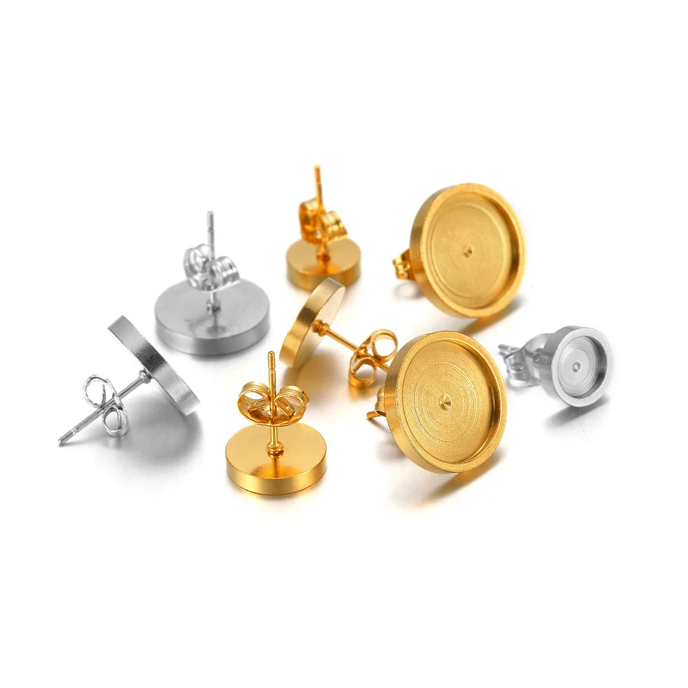 Gold and silver stud earring bases with round flat backs and posts for DIY settings
