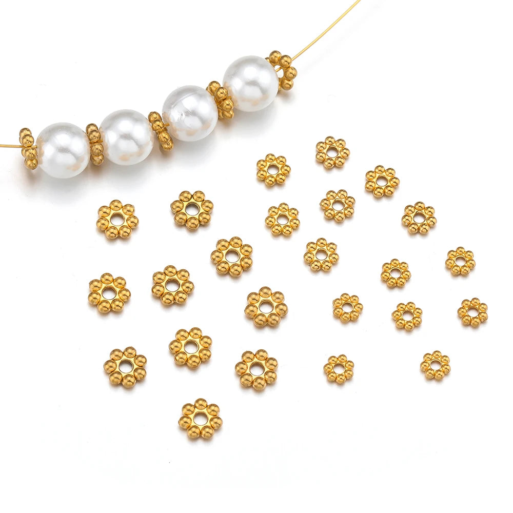 Gold flower spacer beads with pearl beads strand, round ball cluster design.