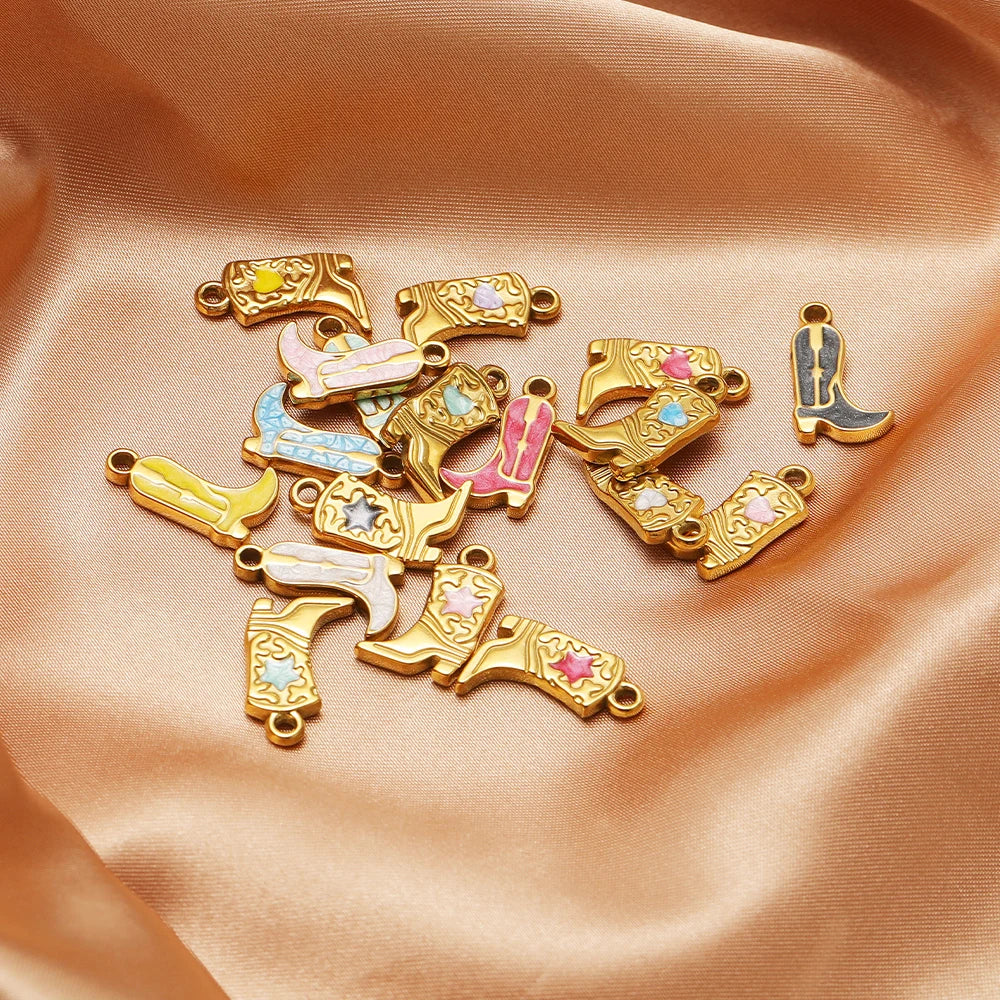 Gold-tone long boot charms with pink, blue, and purple inlaid details