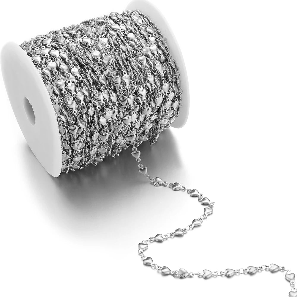 Silver heart chain with small rounded heart links on a continuous chain length
