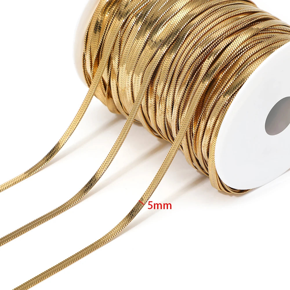 Gold flat snake chain cord, 5mm width, on white spool