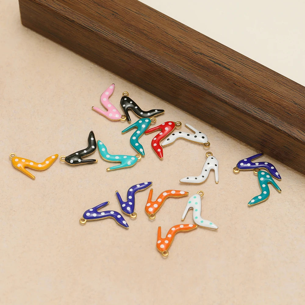 Mixed-color enamel high-heel shoe charms with gold-tone loops