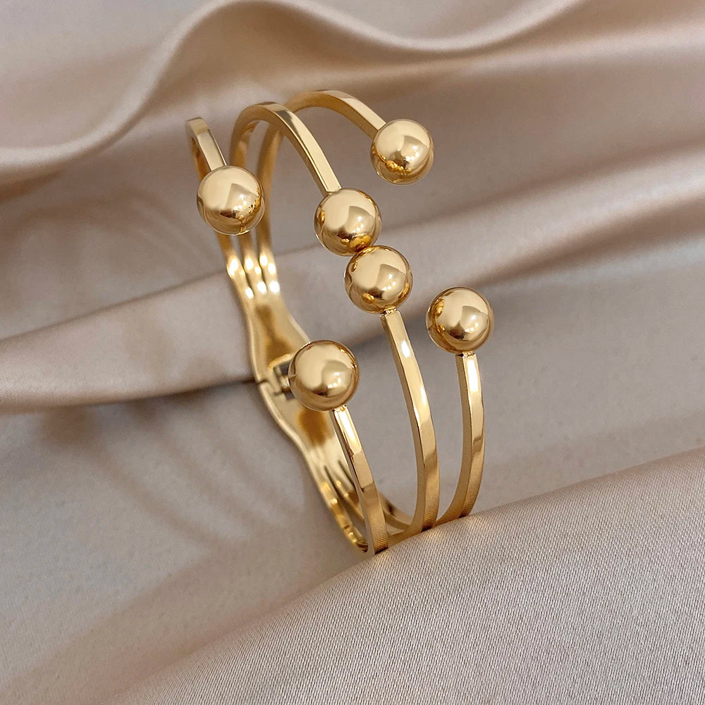 Glossy Multiple Balls Stainless Steel Cuff Bangle for Women Exaggerated Gold Plated Chunky Bracelets Waterproof Jewelry Set
