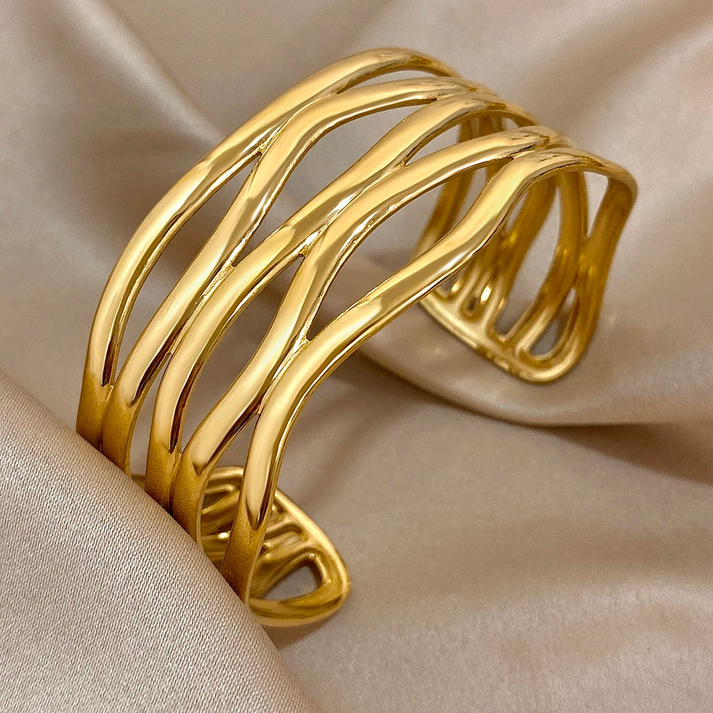Exaggerated Geometric Stainless Steel Cuff Bangle Bracelets Irregular Gold Plated Chunky Wristband Bracelet Waterproof Jewelry