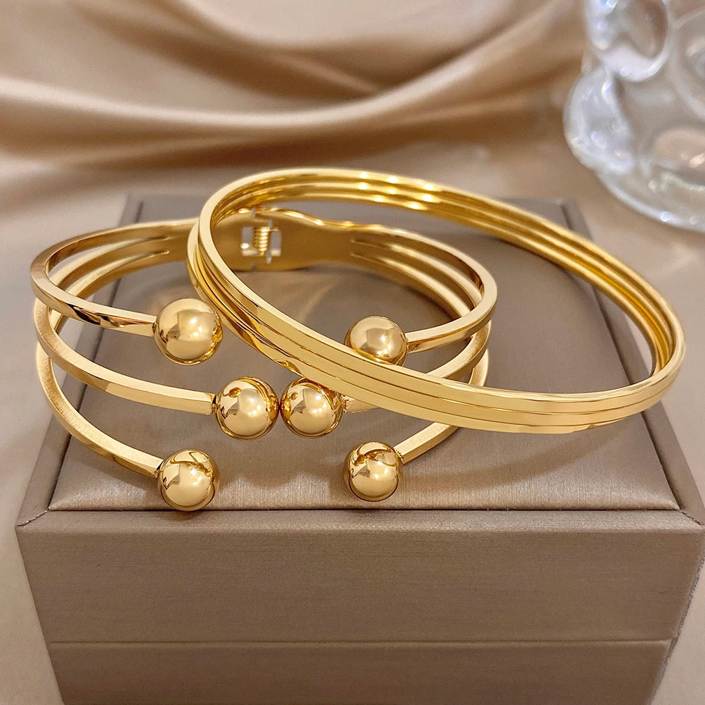 Glossy Multiple Balls Stainless Steel Cuff Bangle for Women Exaggerated Gold Plated Chunky Bracelets Waterproof Jewelry Set