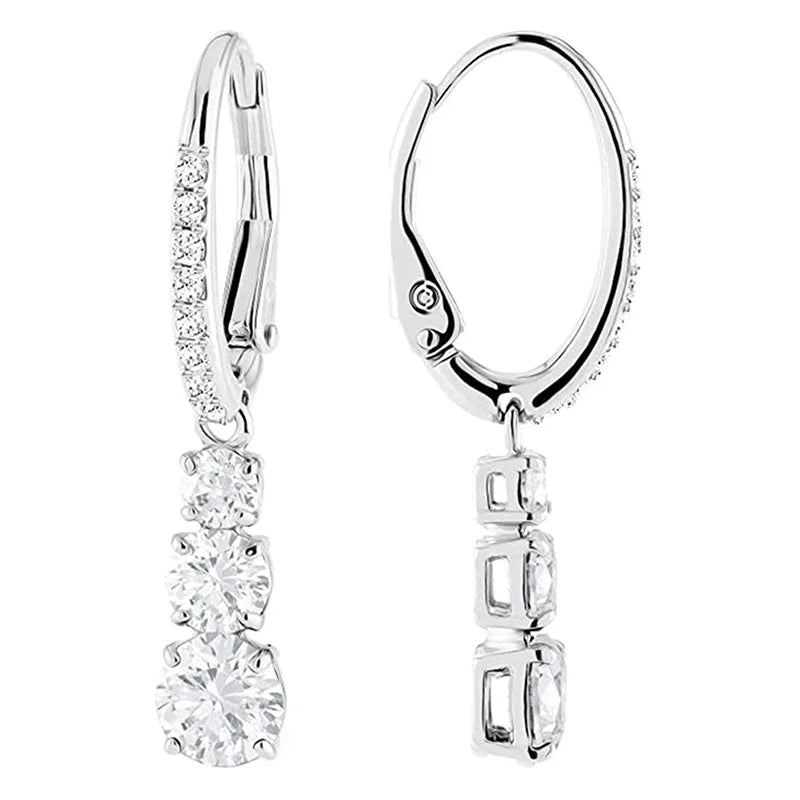 Silver-tone cubic zirconia drop hoop earrings with round sparkle and square accents