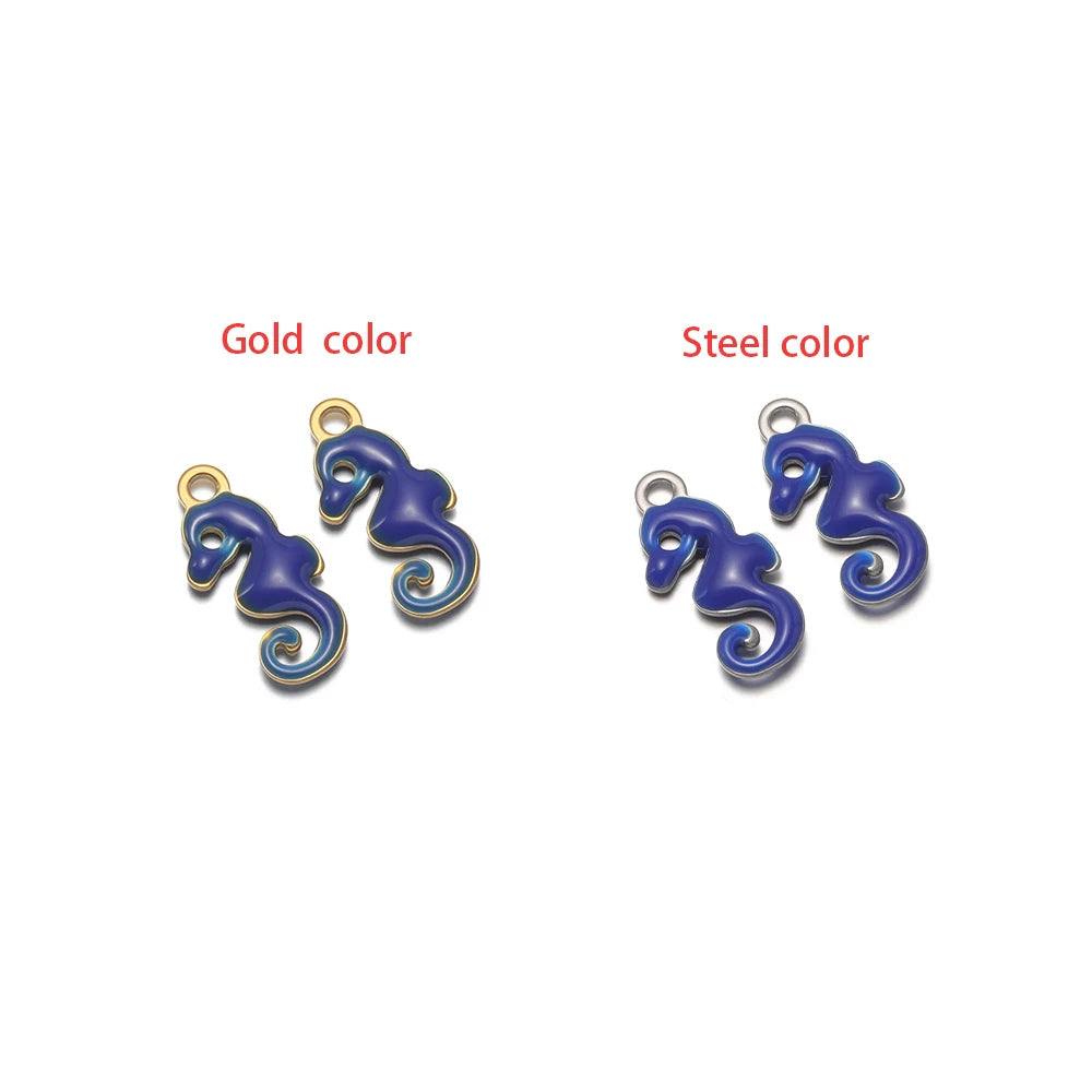 Blue seahorse pendant charm with gold-tone loop, marine animal jewelry finding