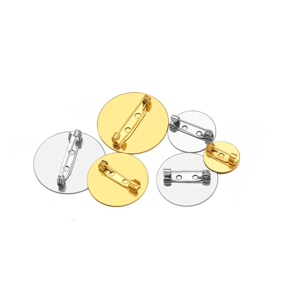 Round brooch base cabochon setting with hinged pin backs, gold and silver
