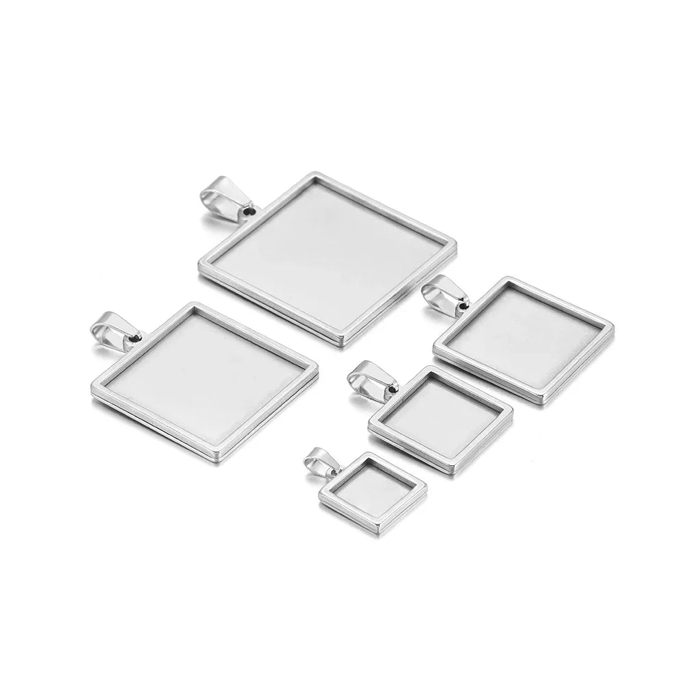 Square stainless steel pendant trays with bail, silver finish cabochon blank set