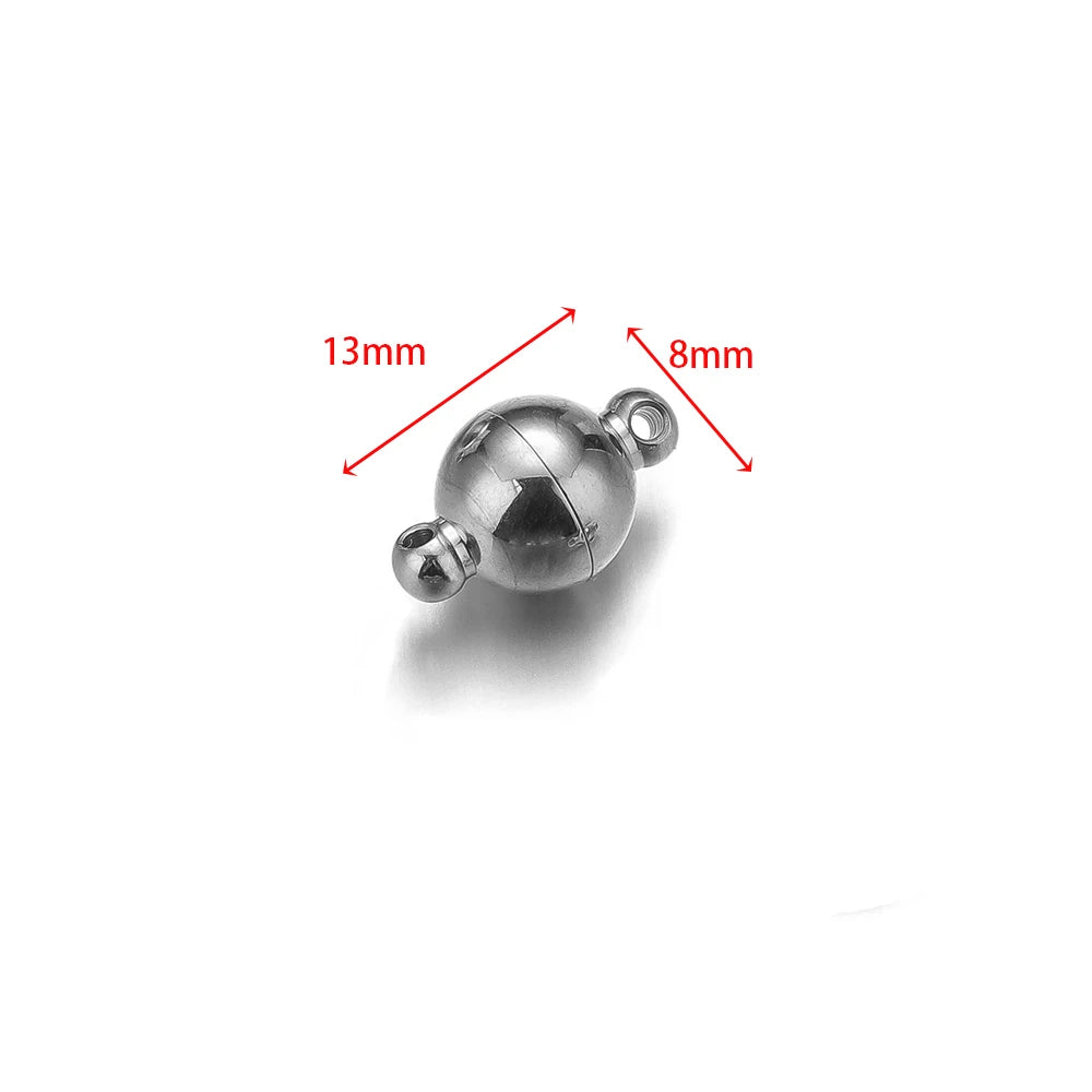 Silver round ball magnetic clasp with size labels: 13mm, 8mm