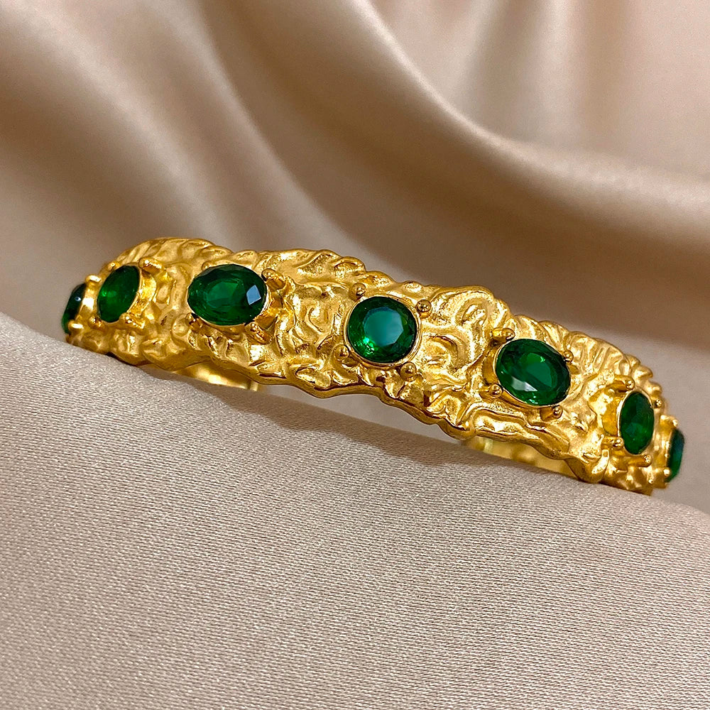 Vintage Green Zircon Stainless Steel Cuff Bracelet Chunky Geometric Textured Gold Plated Open Bangles Waterproof Jewelry