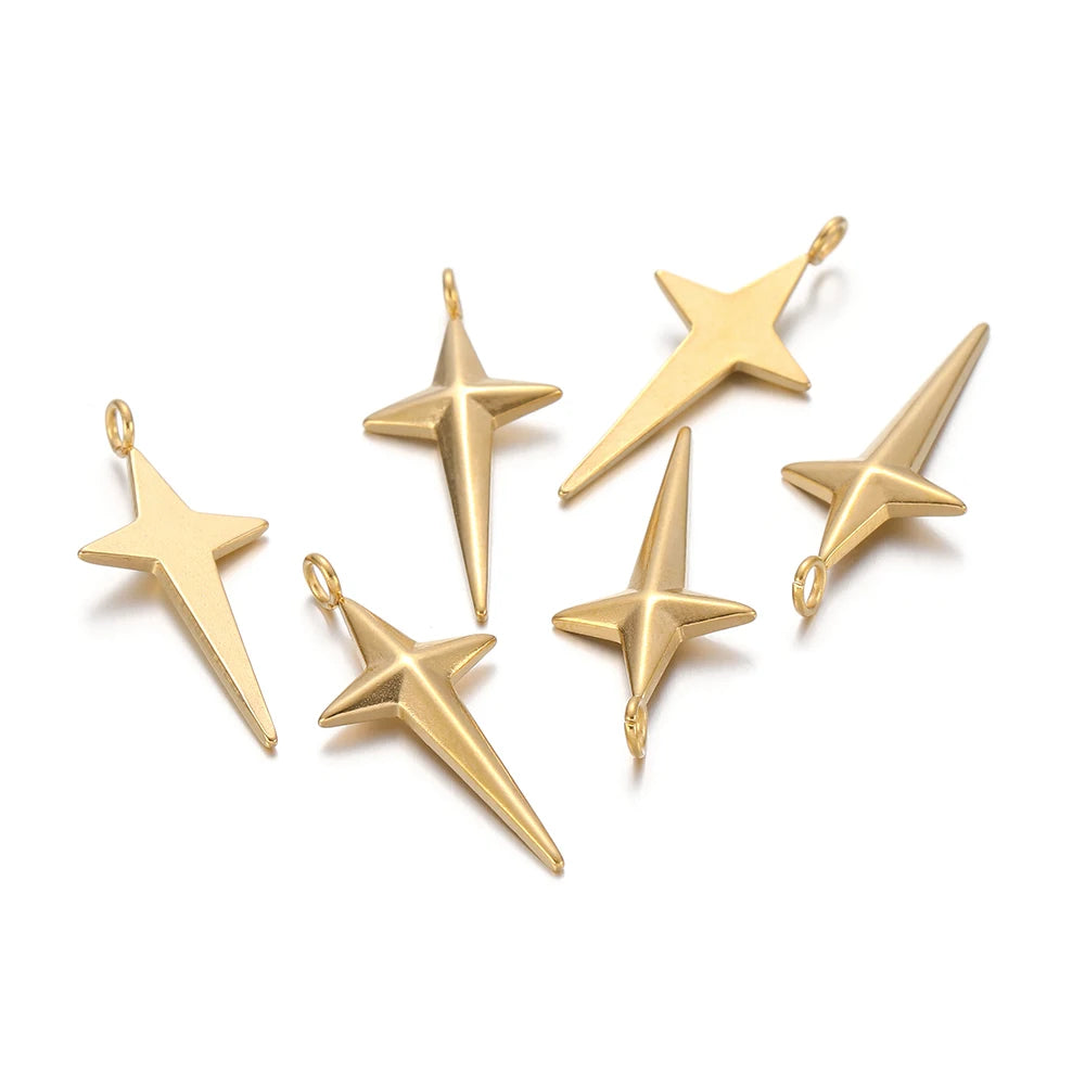 Gold-tone star cross charms with hanging loops, stainless steel, set of 5
