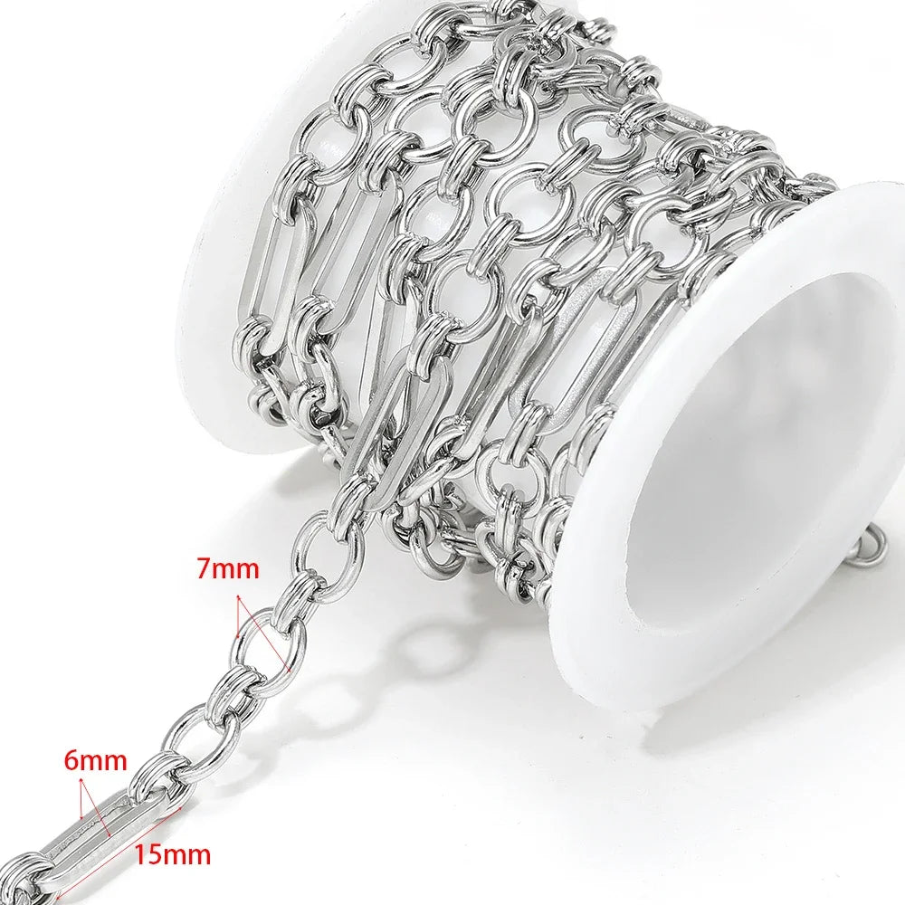 Stainless steel chain necklace with mixed links, labeled 7mm, 6mm, 15mm