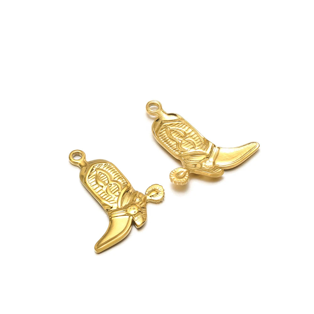 Gold-tone boot charm pendants with textured detail, two pieces with loop bails
