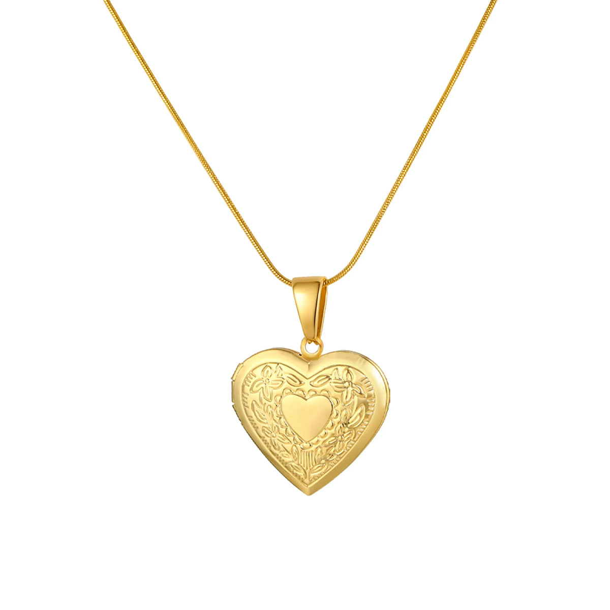 Gold heart pendant necklace with engraved floral heart design and gold chain