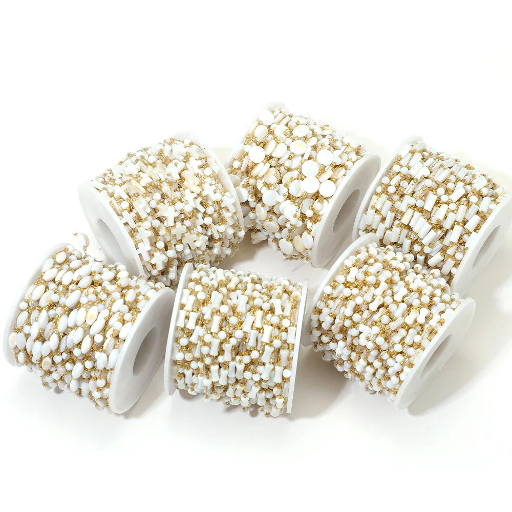 Set of white and gold bead chain spools, natural shell-style beading for DIY
