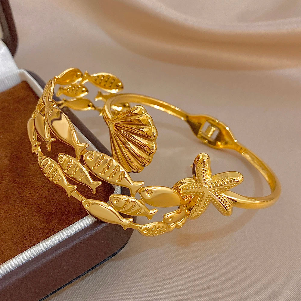 Chic Geometric Fish Shell Starfish Wide Bracelet for Women Glossy Gold Plated Stainless Steel Cuff Bangles Waterproof Jewelry Se