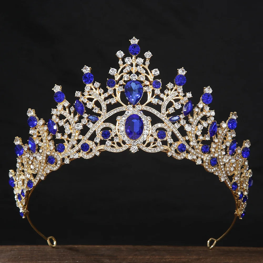 Gold rhinestone tiara crown with royal blue oval crystals