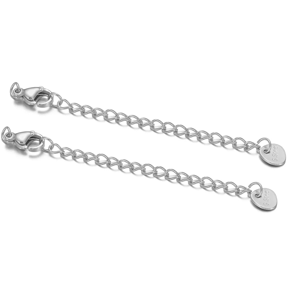 Stainless steel lobster clasp extension tail chains with small connected rings and tag