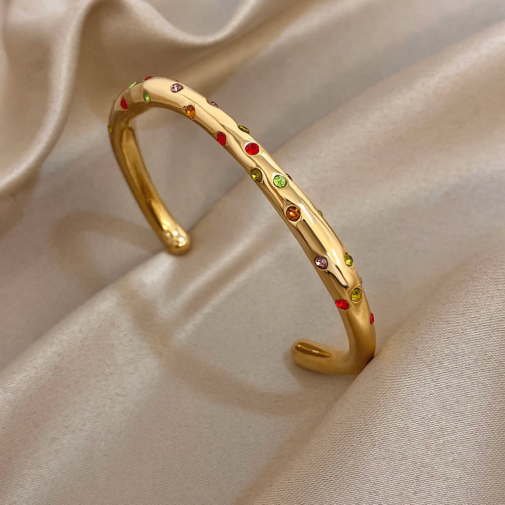 Delicate Colorful Zircon Cuff Bangle Bracelets for Women Trendy Gold Plated Stainless Steel Smooth Bangles Waterproof Jewelry